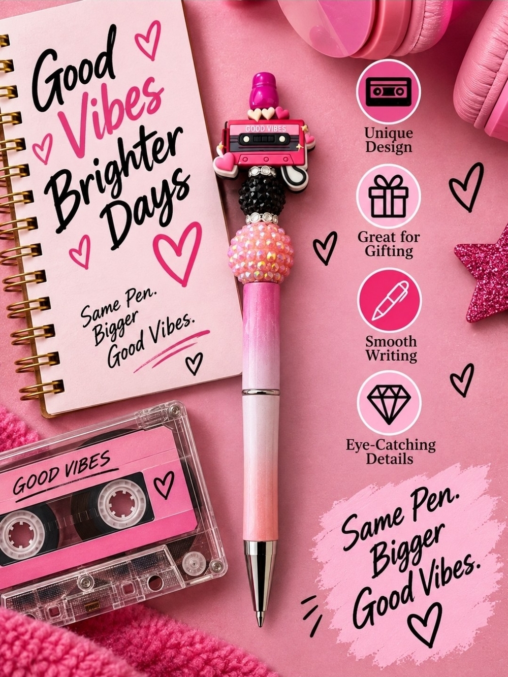 Handmade Pink Good Vibes Cassette Tape Decorative Ballpoint Pen!!